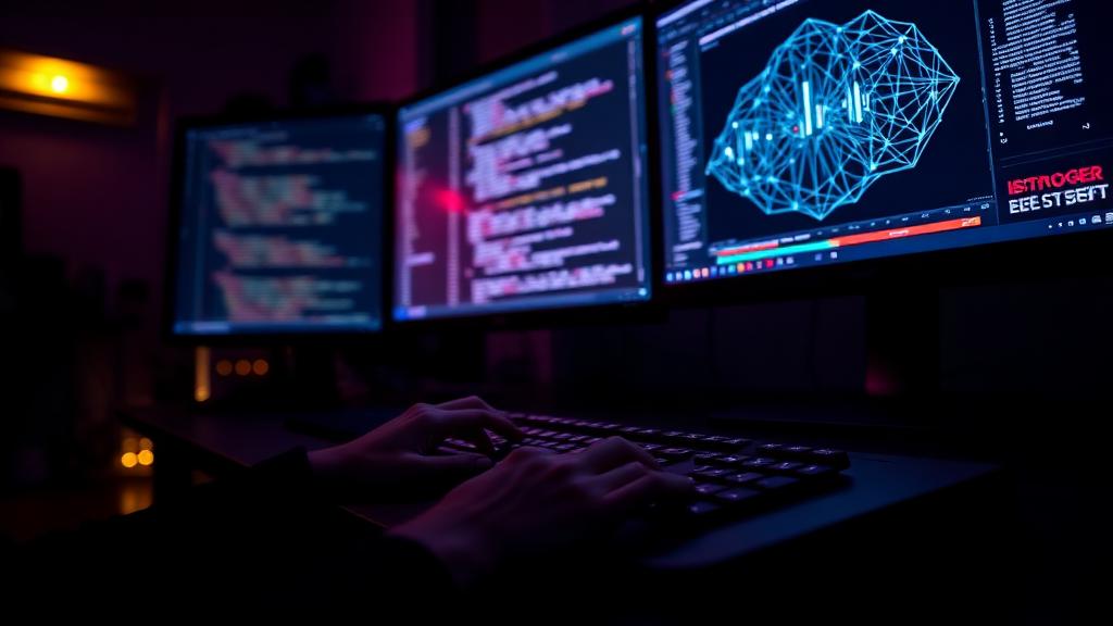 Developer workstation displaying code and neural network diagrams