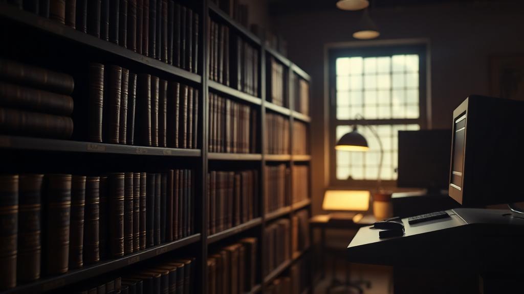 Institutional archive of bound ledgers beside a digital scanning station