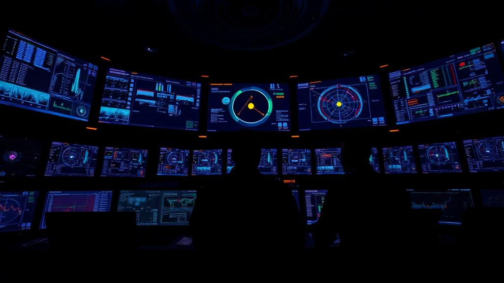 Operations command center with large monitoring displays